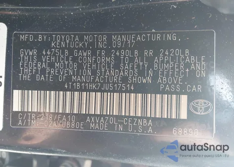 2018 Toyota Camry L/Le/Xle/Se/Xse z USA, uszkodzony, nr VIN 4T1B11HK7JU517514